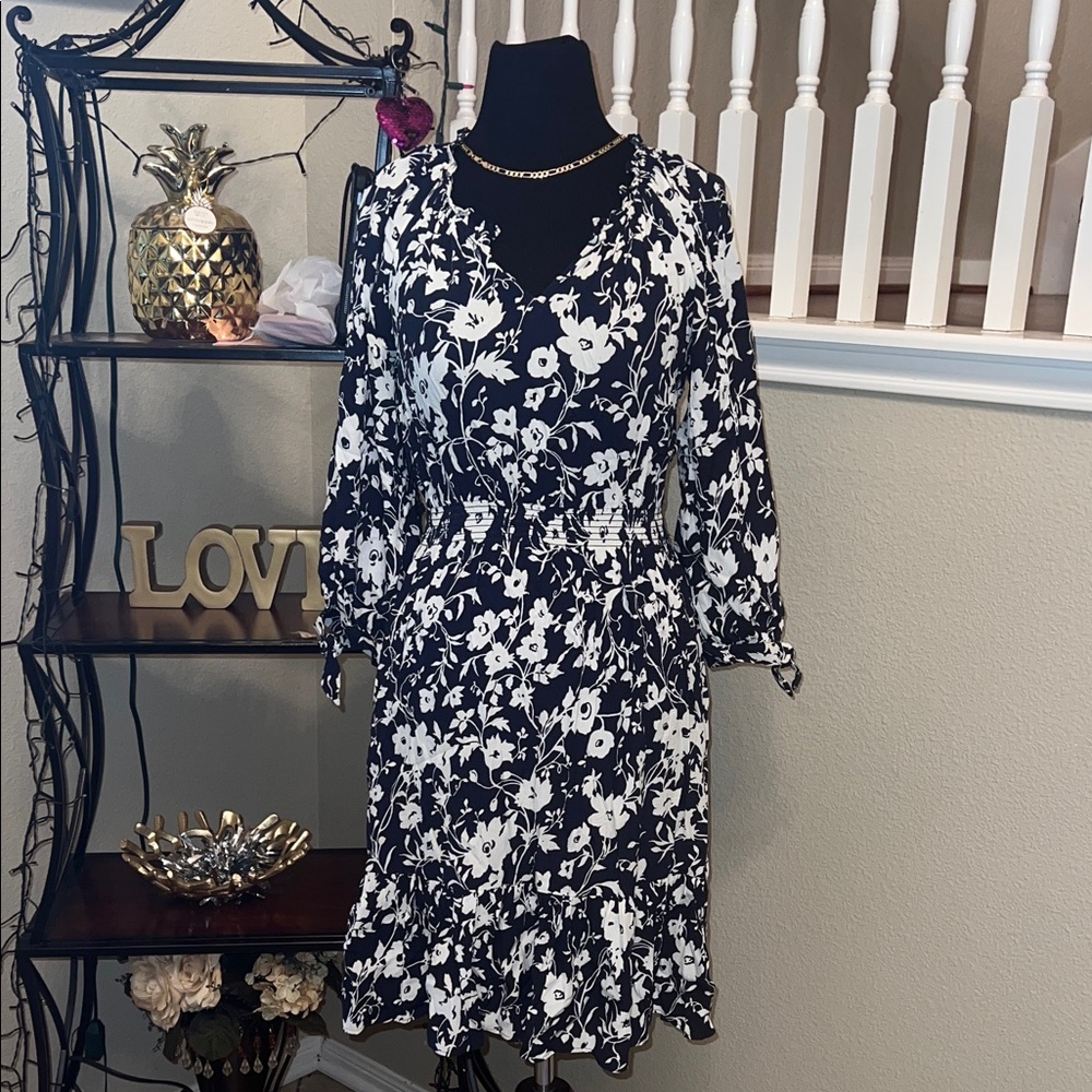 Talbots Black and White Floral Long Sleeve Dress
